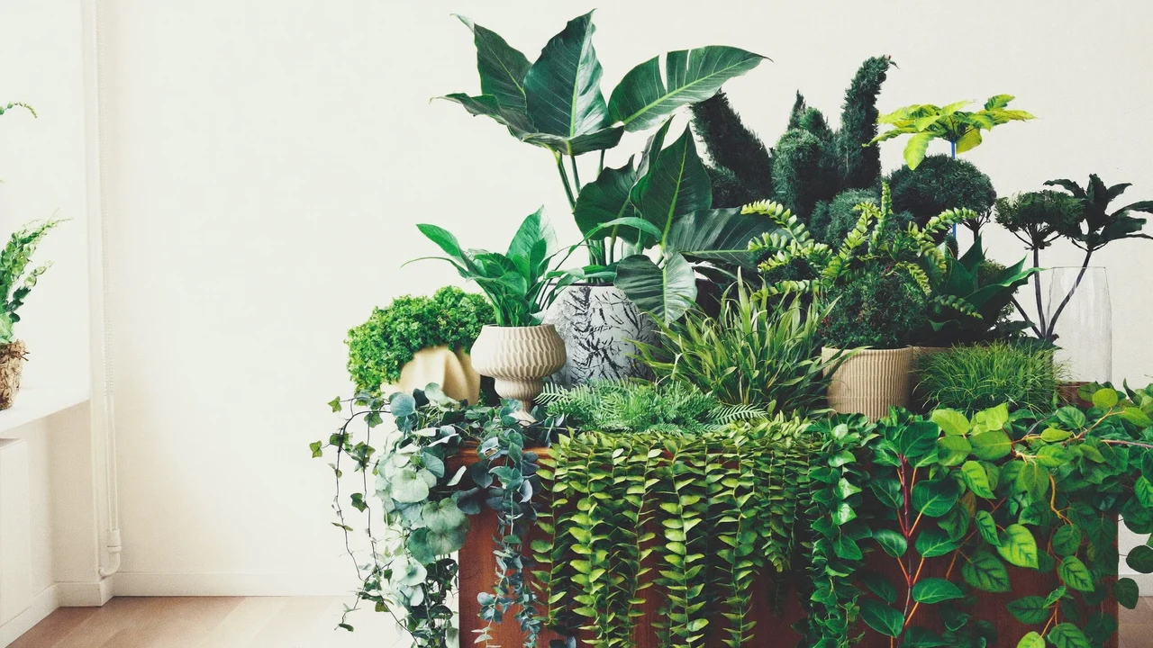 Illustrazione di una scena botanica con fiori artificiali e decor in tonalità calde.