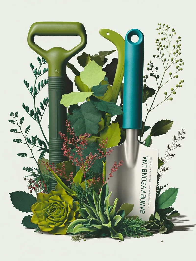 Illustrazione concettuale di un set modulare di attrezzi da giardino senza marchi.